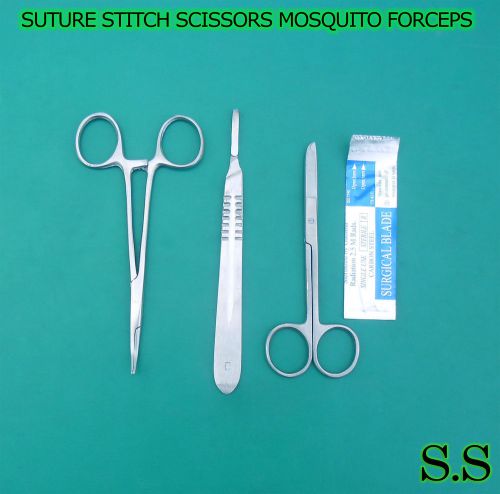 SUTURE STITCH SCISSORS 4.5&#034;+MOSQUITO FORCEPS CV 5&#034;+SCALPEL HANDLE #4+5 BLADES#20