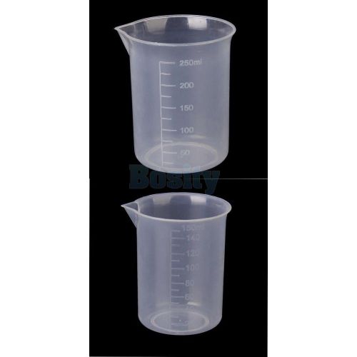 2x Transparent Plastic Lab Graduated Beaker Measuring Cup Tool 150ml + 250ml