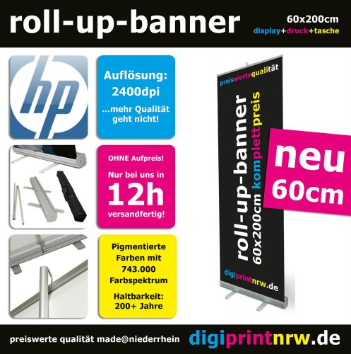 Roll-Up-Banner Alu Werbedisplay Messestand KOMPLETT mit DRUCK 2400dpi 60x200cm