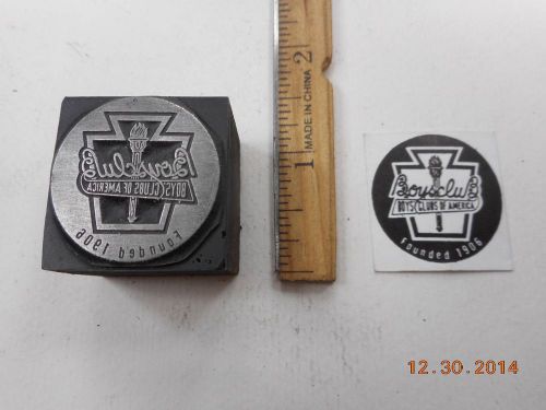 Letterpress Printing Printers Block, Boys Club of America, Words w Torch Emblem