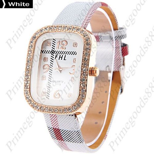 Checkered rhinestones pu leather lady ladies quartz wristwatch women&#039;s white for sale