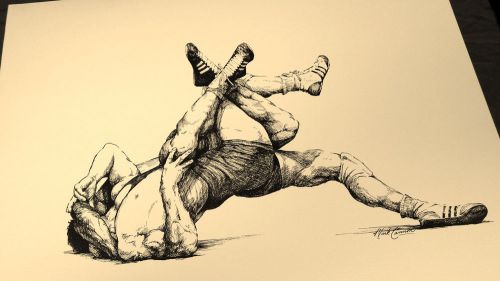 Art Sketch of Men Wrestling by Mark Cannon 20&#034; x 24&#034; Print