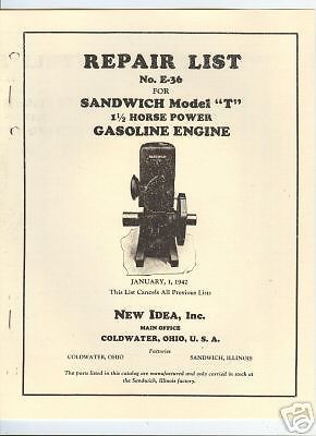 Sandwich Model T 1 1/2 Gasoline Engine Repair List 1942