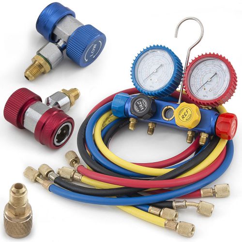 R410 R22 R134 R407C AC Manifold Gauge Set w/ 5ft Colored Hoses 1/2&#034; ACME Adapter