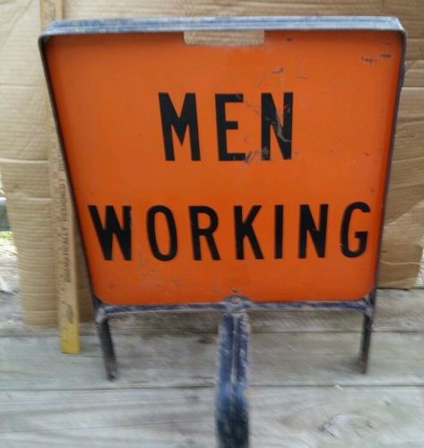 vintage MEN WORKING SIGN Self standing Utility Bell telephone 18x18 metal frame