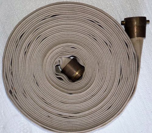 Fm 1 1/2&#034; nst 75&#039; 250 psi linen fire hose brass coupling rack ex 1634 vintage for sale