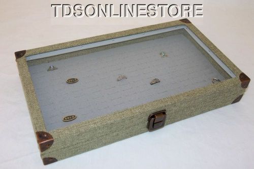 Burlap Covered Glass Top Jewelry Display Case For 144 Rings Gray Insert