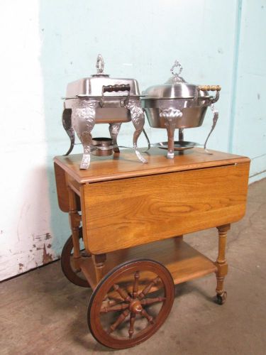 &#034;OLD FASHIONED WOODEN FOLDING SERVING TABLE CART&#034; w/2 COMPLETE FANCY CHAFFERS