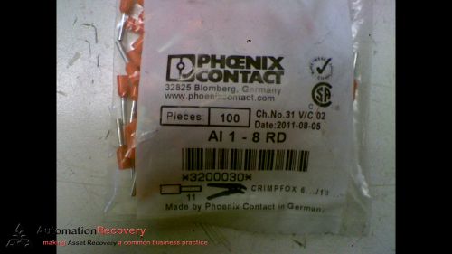 PHOENIX CONTACT AI 1 - 8 RD -PACK OF 100- FERRULE SLEEVE LENGTH: 8MM, NEW