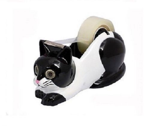 NEW BLACK+WHITE RESIN 3D CAT,KITTEN DESK STATIONARY TAPE DISPENSER+ONE TAPE ROLE