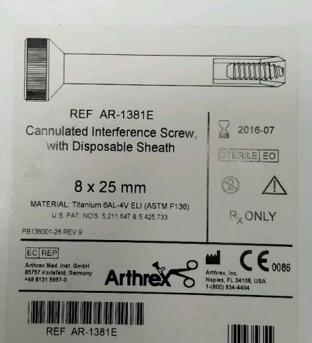 ARTHREX AR-1381E CANNULATED INTERFERENCE SCREW WITH DISPOSABLE SHEATH 8 X 25MM