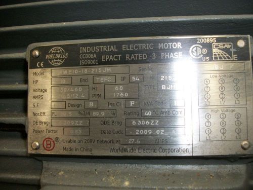 Worldwide 10 hp wwe10-18-215jm 215jm frame motor (mot2967) for sale