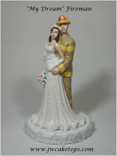 Fireman Tan Gear Brunette Bride Wedding Caketop 49FT2