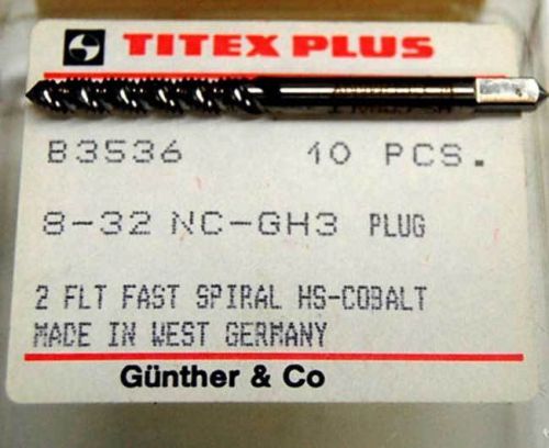 10 Pc. Titex 8-32 NC GH3 List B3536 Cobalt High Perf. Fast Spiral 2 FL Plug Taps