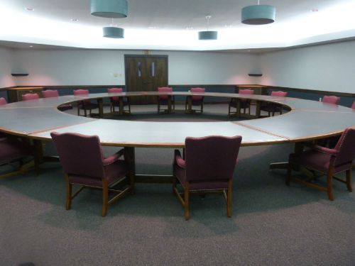 CORPORATE BOARDROOM (8) TABLES PLUS (17) CHAIRS, 25FT DIAMETER, SOLID OAK WOOD