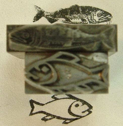 VINTAGE LETTERPRESS ALL-METAL PRINTING BLOCKS (2): CODFISH AND ART DECO ANY FISH