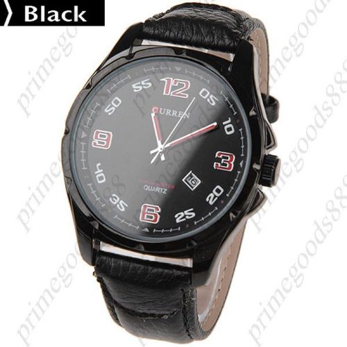 Round Quartz Wrist Analog PU Leather Strap Date Free Shipping Black Face Men&#039;s