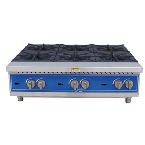 Globe GHP36G Hot Plate, Gas, Countertop, 6 Burners (22,000 BTU Each), Cast Iron