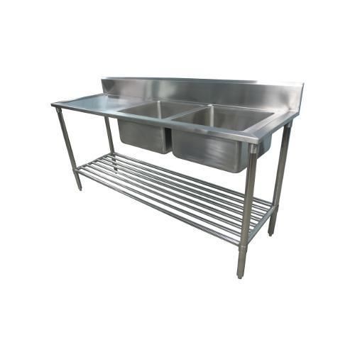 2200 x 600mm NEW COMMERCIAL DOUBLE BOWL KITCHEN SINK #304 STAINLESS STEEL BENCH