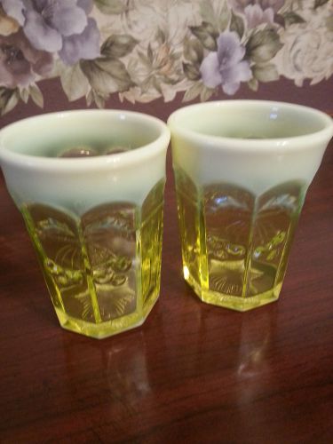 Vaseline Opalescent Glass Cherry &amp; Cable Pattern Tumbler Uranium Yellow Set Of 2