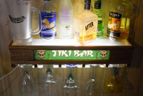 LIGHTED LIQUOR DISPLAY &#034; TIKI BAR &#034;  / SHOTGLASS DISPLAY SHELF OAK