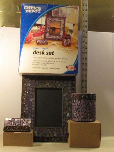 VIOLET GLASS MOSAIC DESK SET/5X7 FRAME/PENCIL CUP/CARD HOLDER/UNUSED/HAND CRAFT