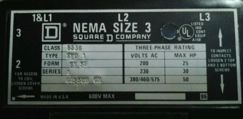 SQUARE D 8536SEG1 NEMA SIZE 3 STARTER 120VAC COIL 8536 SEG1S