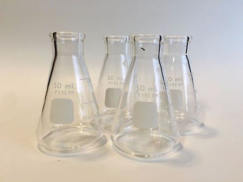 Lot of 4 erlenmeyer flask pyrex lab glassware 50 ml beaker 4980 stopper no. 1 for sale