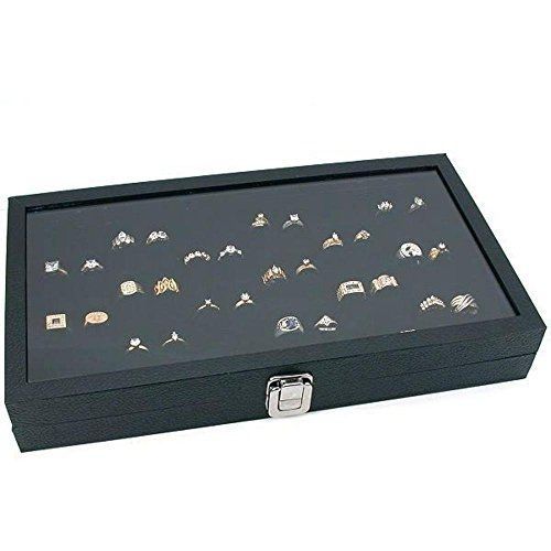 FindingKing Glass Top Black Jewelry Display Case 2 72 Slot Ring Trays