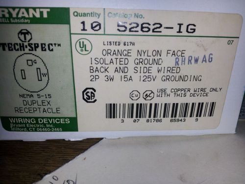 BRYANT 5262-IG NIB ORANGE ISO GRND 2P 3W 15A 125V DUPLEX RECEPTACLE #B9