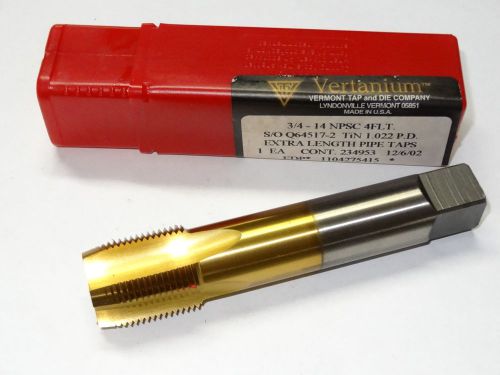 VERMONT 3/4&#034;-14 NPSC 4 Flutes 1.022 P.D. TiN Extra Length Pipe Tap VERTANIUM