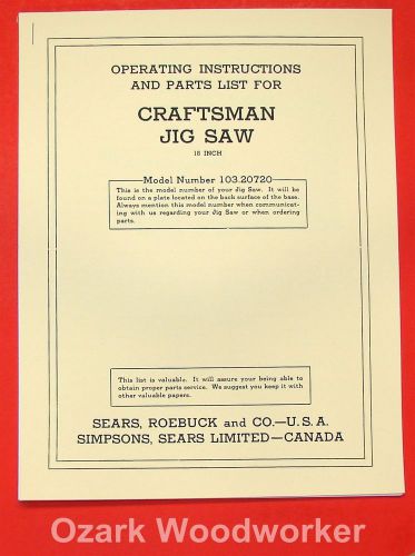 CRAFTSMAN 18&#034; Jig Saw 103.20720 Operator&#039;s &amp; Part Manual 0183