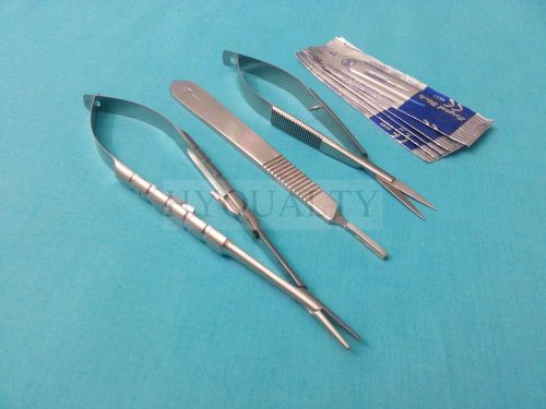 CASTROVIEJO NEEDLE HOLDER 5.5&#034;+SCISSORS 4.5&#034; STR+SCALPEL HANDLE #3+5 BLADES #11