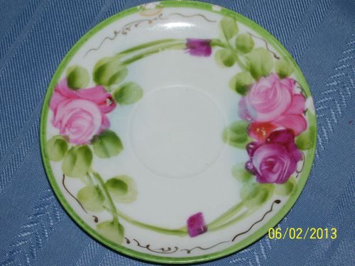 VINTAGE PINK ROSE &amp; GREEN SAUCER