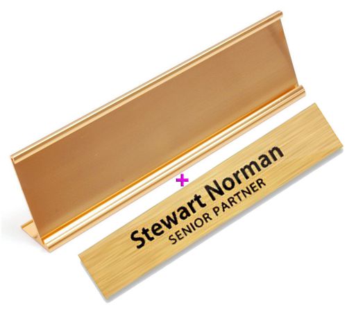 New custom brushed golden office desk name plate + plate holder 2&#034; x 8&#034; size - 1 for sale