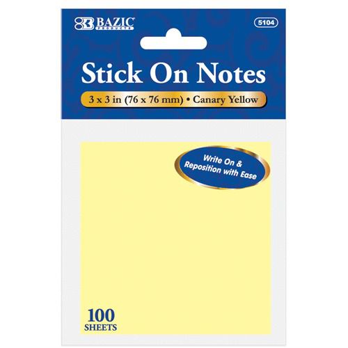 BAZIC 100 Ct. 3&#034; X 3&#034; Yellow Stick On Notes, Case of 24