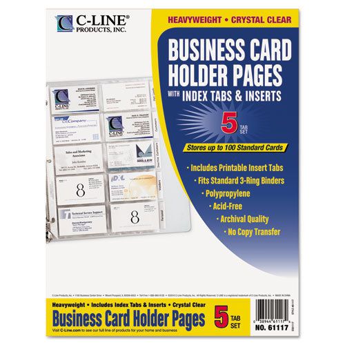 Tabbed Business Card Binder Pages, 20 Cards Per Letter Page, Clear, 5 Pages