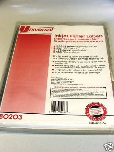 NIB UNIVERSAL INKJET PRINTER LABELS 4&#034; X 1&#034; 2000 LABELS