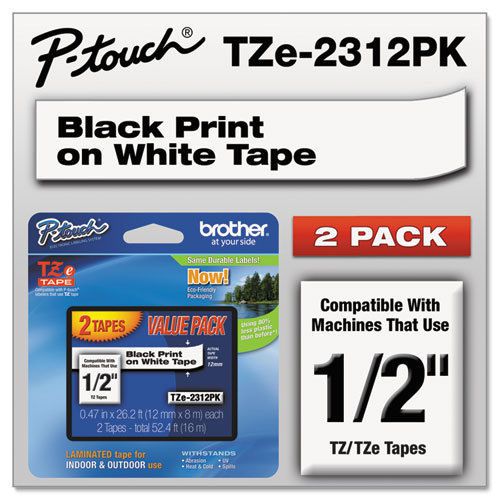 Tze standard adhesive laminated labeling tapes, 1/2w, black on white, 2/pack for sale