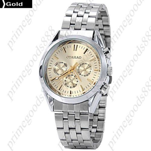 Round Quartz Analog Silver Stainless Steel Band Wrist Men&#039;s Wristwatch Gold Face