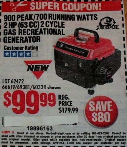 Harbor freight&#039;s storm cat 900/peak/700 running watts gas generator  &#034;coupon&#034; for sale