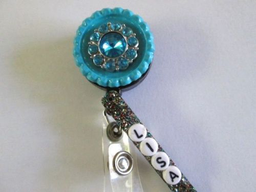 CRYSTAL BLUE DECORATION ID BADGE REEL PERSONALIZE,MEDICAL,NURSE,TEACH,ICU,ER