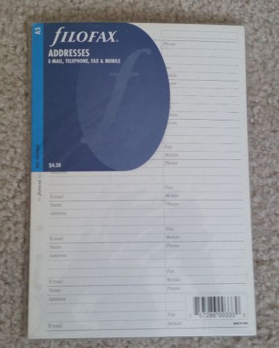 Filofax Refill Addresses White A5 - 340206U New E-Mail, Phone, Fax, Mobile Cell