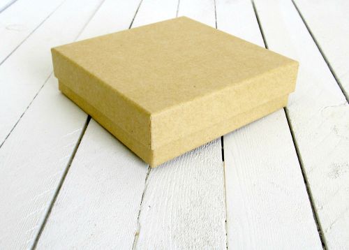 Set of 25 - 3 1/2&#034; x 3 1/2&#034; x 1&#034; brown kraft cotton filled jewelry boxes for sale