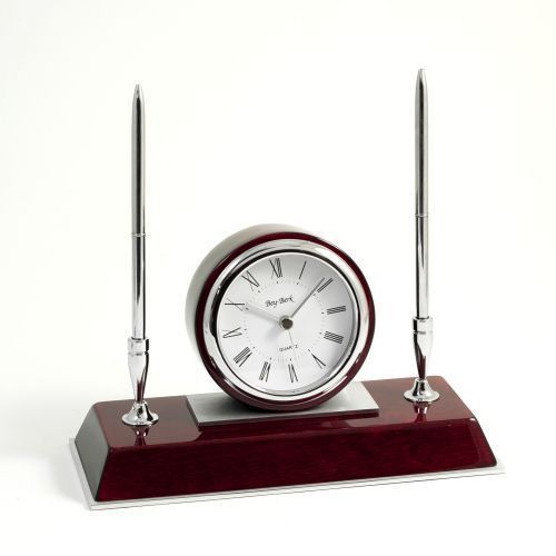 New Bey Berk &#034;Dresden&#034;, Lacquered &#034;Rosewood&#034; Desk Clock &amp; 2 Pens