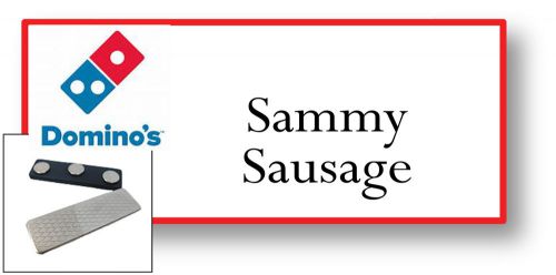 1 NAME BADGE FUNNY HALLOWEEN COSTUME DOMINOS SAMMY SAUSAGE MAGNETIC FASTENER