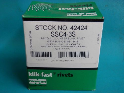 100 Klik-Fast 1/8&#034; Stainless Steel Countersunk Rivets Marson 42424 SSC4-3S