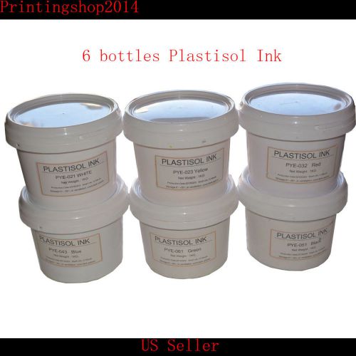 6 Big Bottles Screen Printing Plastisol Ink (Green/Blue/Red/Yellow/Black/White)