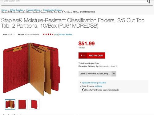 Staples 11 Pack Moisture Res Class Folders, 2/5 Cut Top Tab, 2 Part Red/green