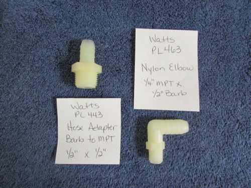 Watts nylon 1/2&#034; barb to mip adapter, nylon elbow 1/4&#034; qty 2 pl443, pl463 x24 for sale